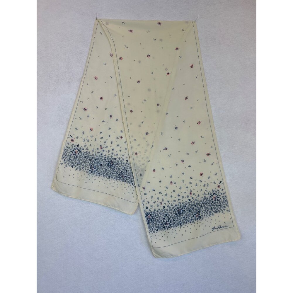Vintage Jim Renoir Scarf Long Rectangle Ivory Blue Pink Floral 52inx11.25in - Picture 3 of 8